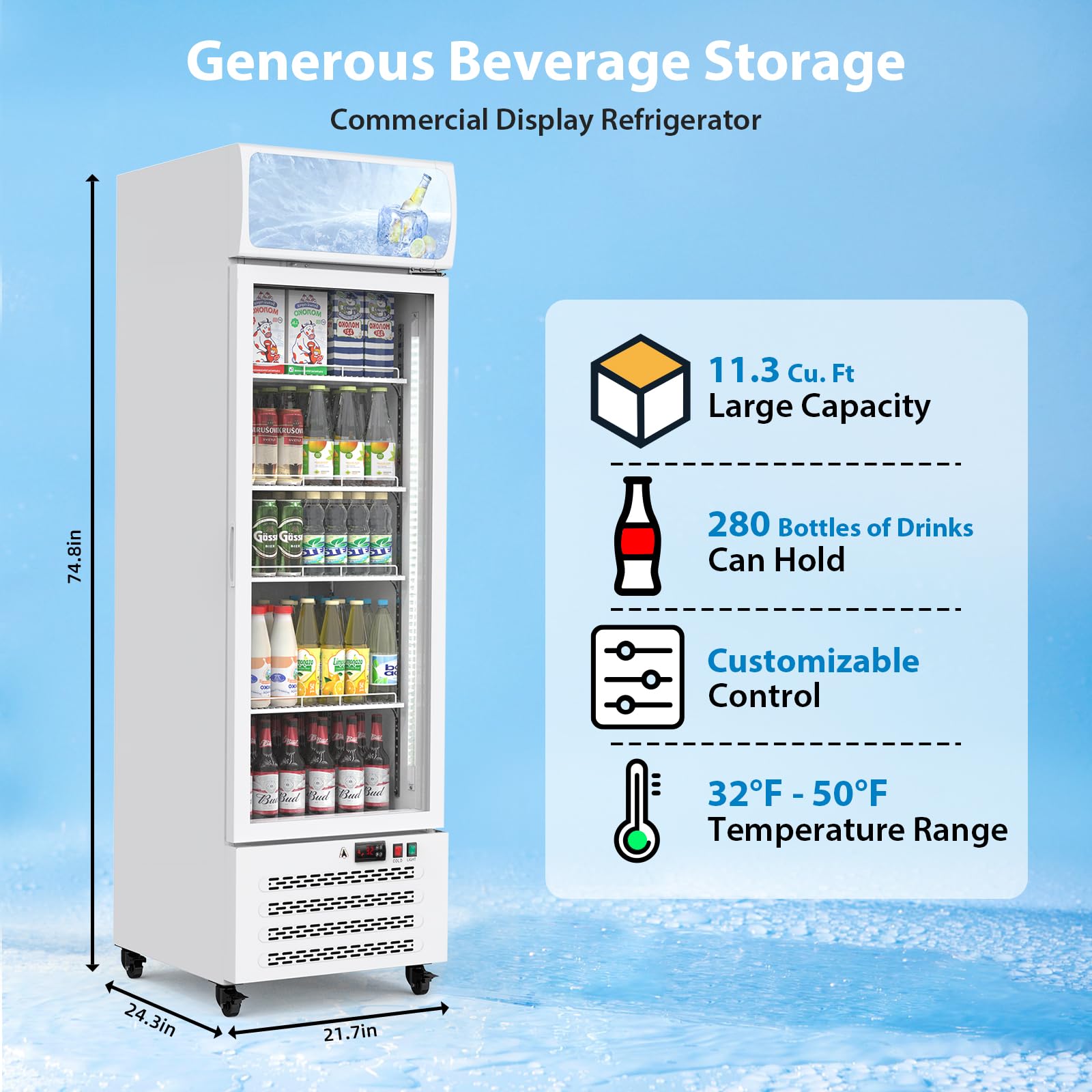 GarveeTech Commercial Merchandiser Refrigerator,11.3 Cu.Ft Glass Door Display Refrigerator,Drink Cooler Beverage Fridge with Soft LED Light, 4 Adjustable Shelves,White