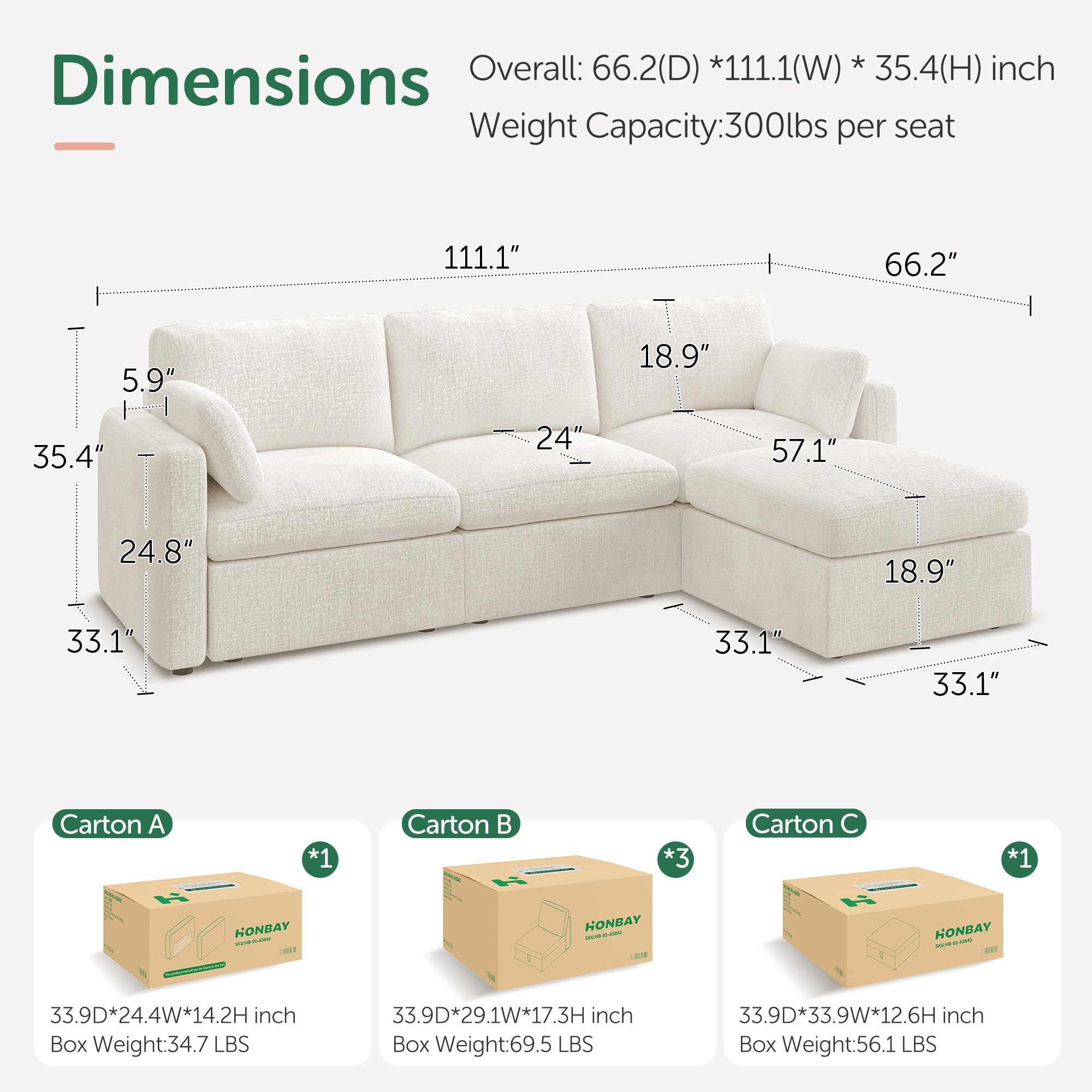 HONBAY Modular Sectional Couch with Storage Seats, L Shaped Sectional Sofa with Storage, Chenille Sectional Couches for Living Room, Beige