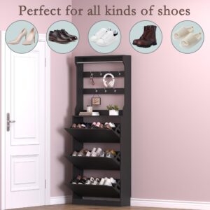 BORNOON Shoe Cabinet with 3 Flip Drawers & Coat Rack, Narrow Hidden Shoe Storage Cabinet, 2-in-1 Hall Tree Slim Freestanding Shoe Rack Organizer for Entryway, Hallway, and Living Room