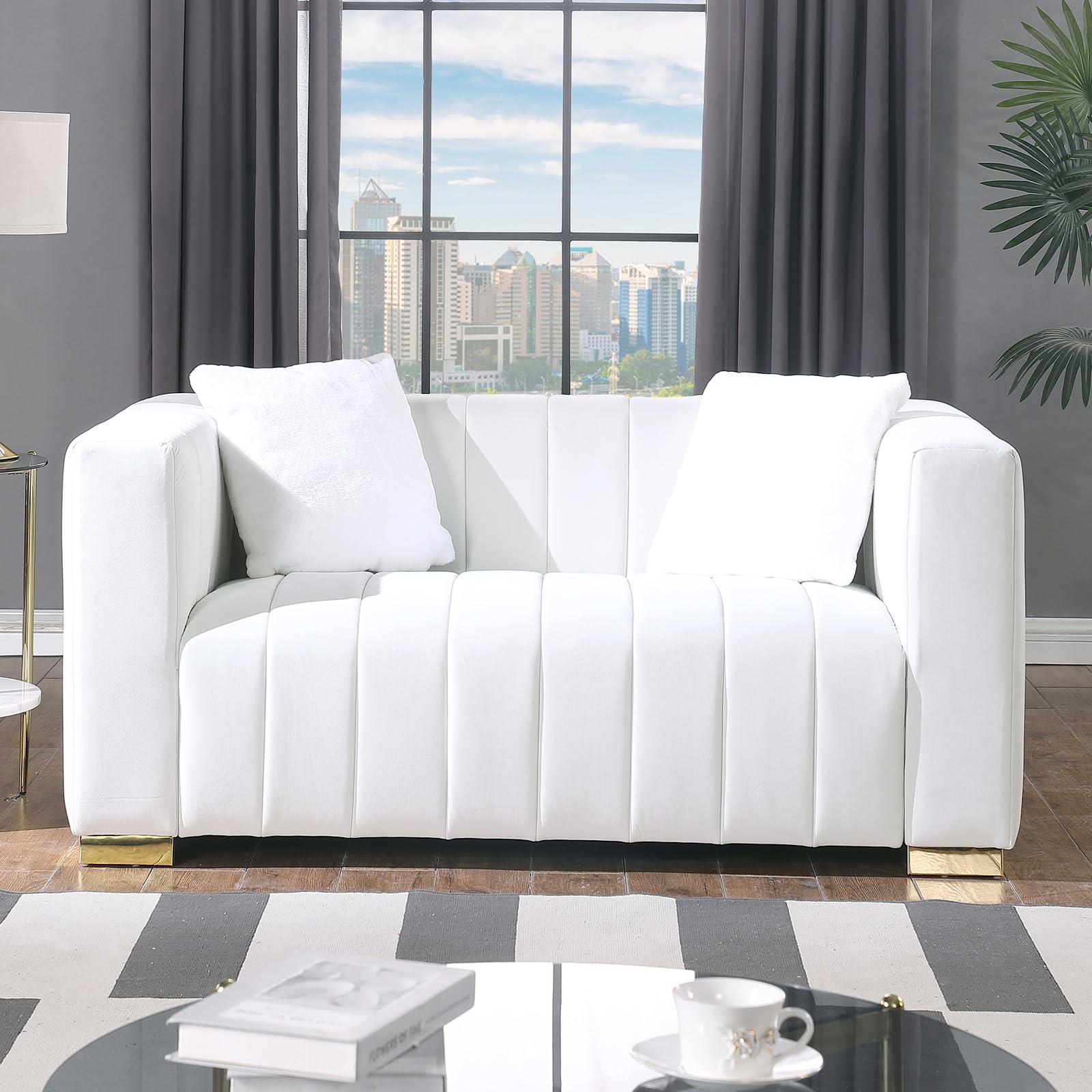 KIVENJAJA 2 Piece Living Room Furniture Set, Including Loveseat and 3-Seater Sofa Couch with Channel Tufted Velvet Fabric, 4 Pillows for Bedroom Apartment, White