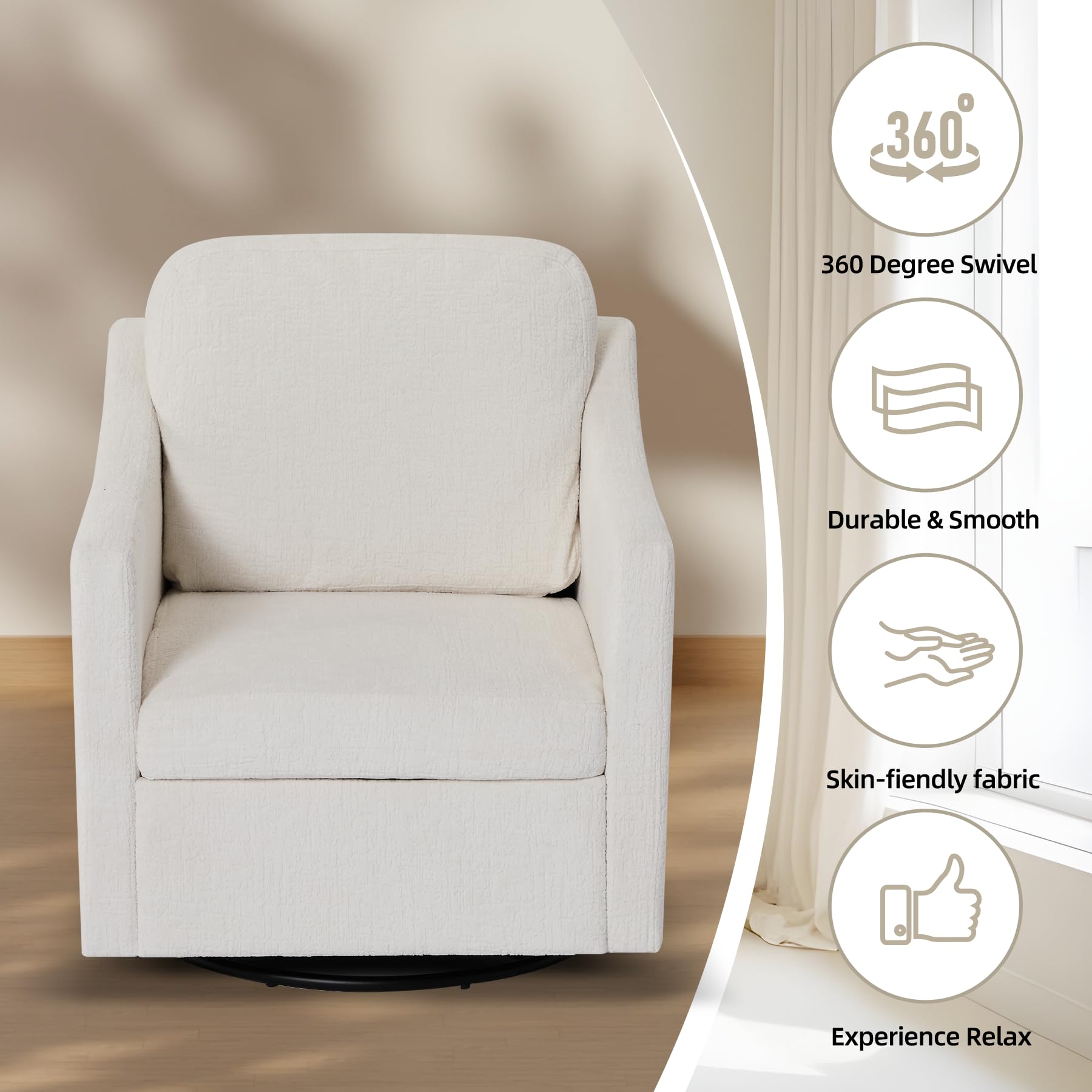 Upholstered 360° Swivel Accent Chair with Track Arms, Thick Padded Arm Chair Solid Metal Base, Mid-Century Sofa Chair Modern Reading Chair for Living Room and Bedroom