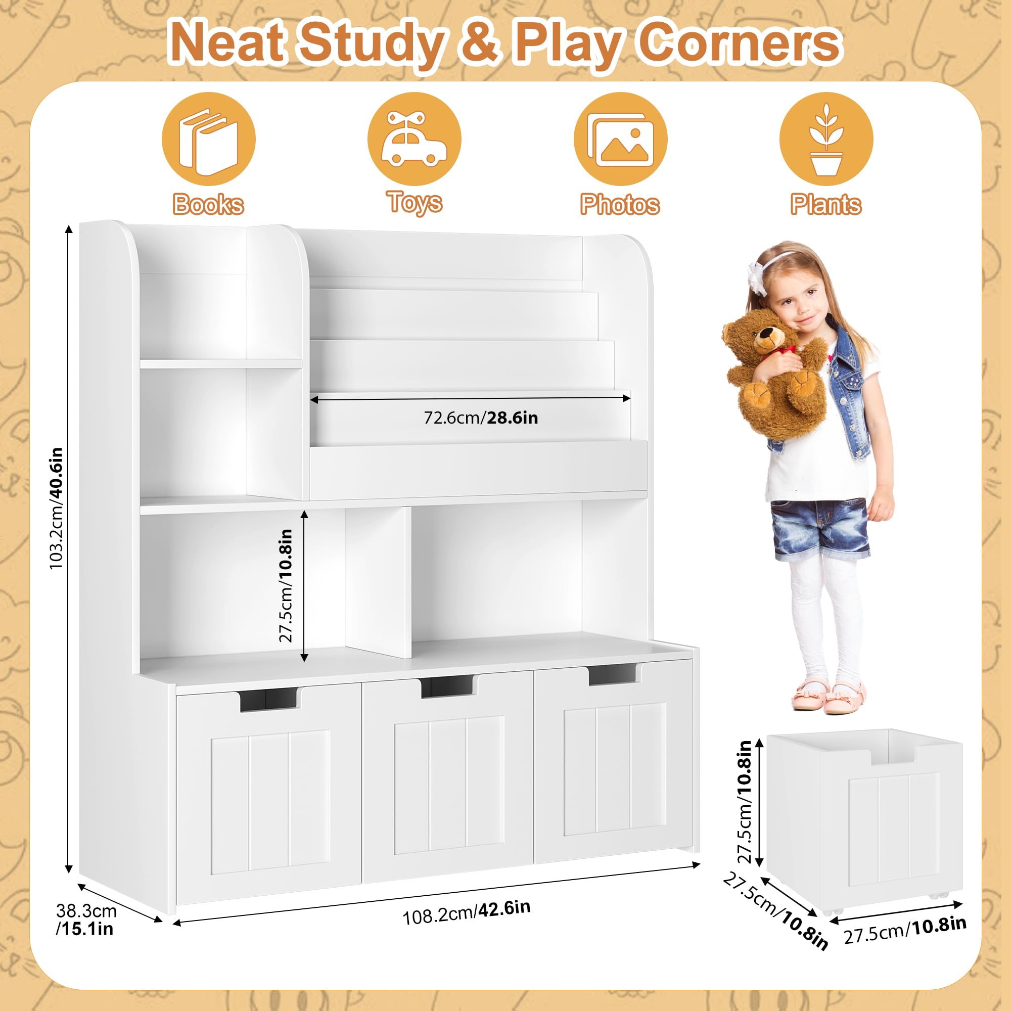 GarveeHome Large Toy Storage Organizer with 3 Movable Drawers,Kid's Bookshelf with 4 Storage Cubbies and 4 Layer Sling Bookcase,Toy Chest for Kids Room,Playroom,Classroom,Nursery, White