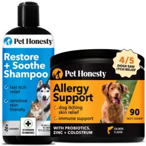 pet honesty restore + soothe shampoo for sensitive skin for dogs & cats (lavender) 12oz + allergy support itch relief for dogs - dog allergy chews with probiotics for seasonal allergies, skin and coat