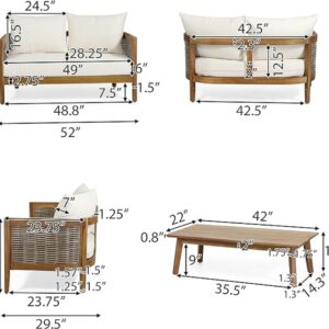 Merax Patio Furniture 5-Piece Outdoor Acacia Wood Wicker Conversation Set with 3 Seater Sofa,Loveseat,2 Chairs and Coffetable for Backyard, Beige