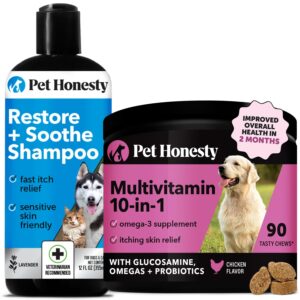 pet honesty restore + soothe shampoo for sensitive skin for dogs & cats (lavender) 12oz + multivitamin dog supplement with glucosamine, probiotics, omega fish oil for skin and coat allergies (chicken