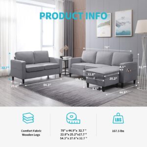 CECER 5 Seaters Upholstered Sectional Sofa, Linen Fabric Sofa Couch with Side Pockets, 3 Seater Couch and Chair with Movable Storage Ottoman, for Living Room-Sofa&Loveseat&Ottoman,Light Grey