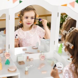 OOOK Toddler Vanity, 2 in 1 Kids Study Desk with Detachable Tri-Folding Mirror, Kids Vanity Table and Chair Set with DIY Stickers, Unique Toddler Vanity Dressing Table for Girls.