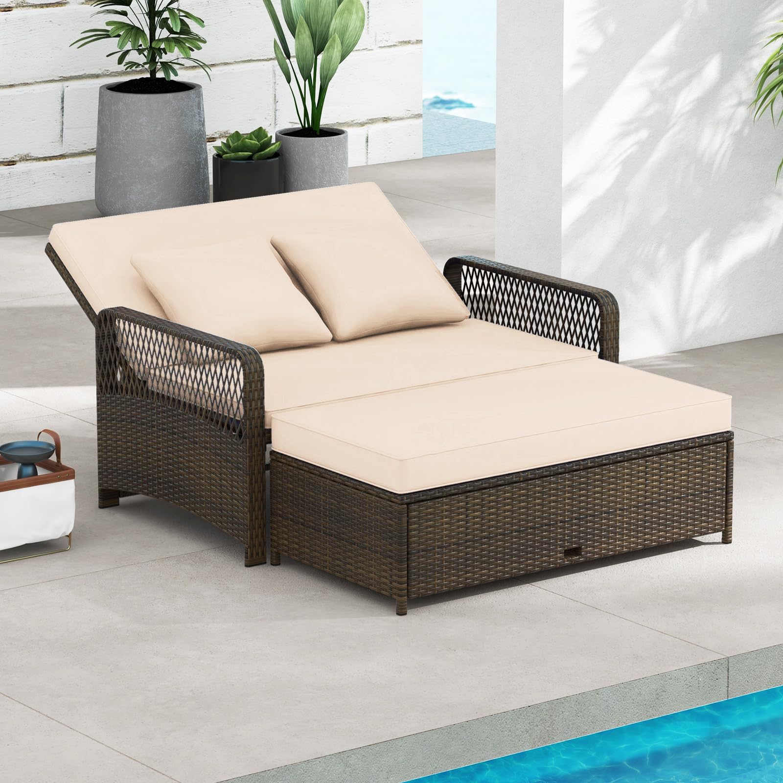 Tangkula Patio Adjustable Wicker Daybed, Rattan Loveseat & Storage Ottoman w/ 4-Level Backrest & Soft Cushions, Space-Saving 2-Person Sun Lounger for Backyard, Porch (Beige)