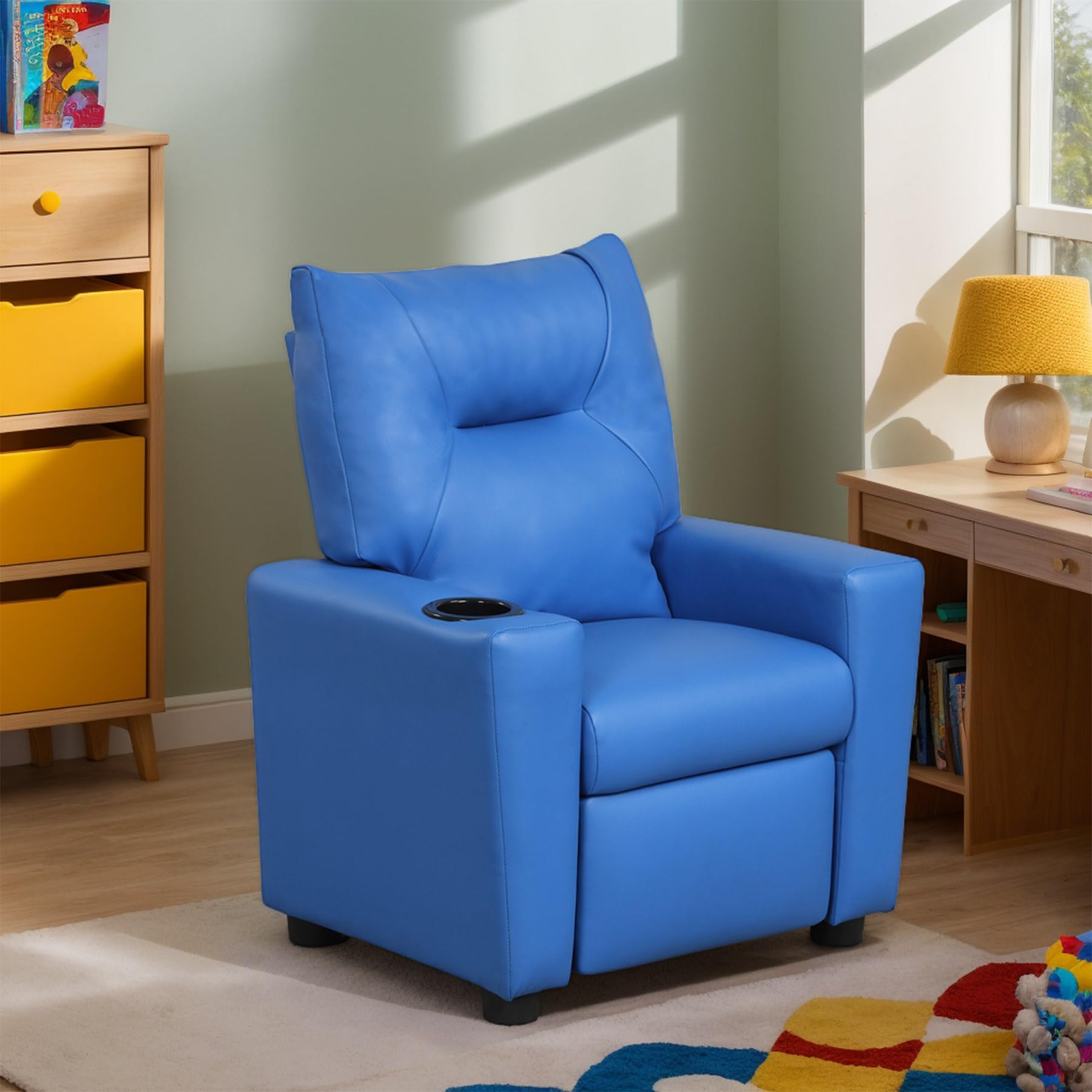 AnwickNomo Modern PU Leather Kids Recliner Chair with Cup Holder, Adjustable 2-in-1 Kids Single Couch for Boys Girls (Blue-1)