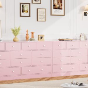 GarveeHome 12 Drawer Dresser for Bedroom, 61 Inch Wood Dresser with Power Outlet, Wide Dresser Chest of Drawers for Living Room, Hallway, Tall Dressers with Smooth Metal Rail, Large Storage, Pink