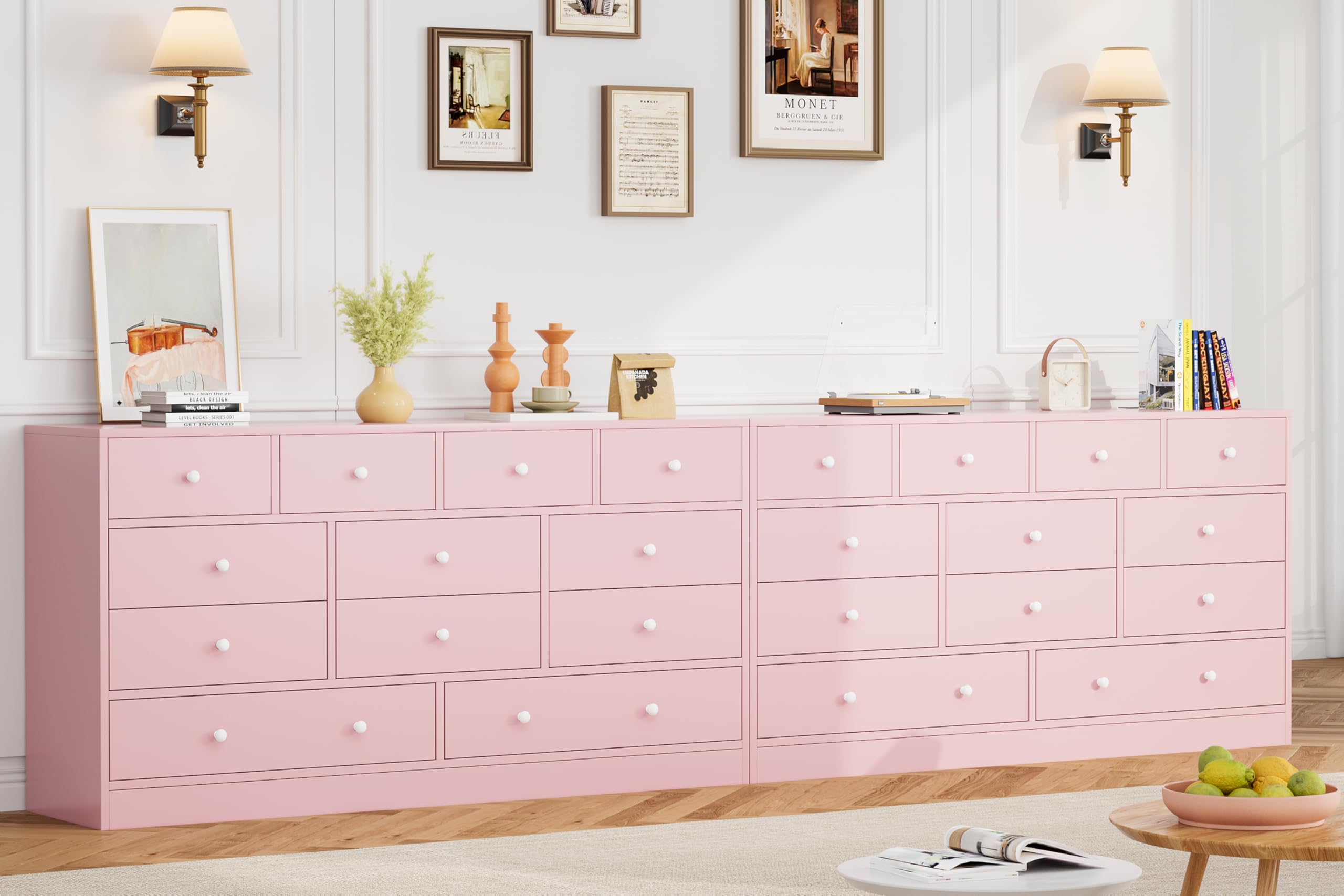 GarveeHome 12 Drawer Dresser for Bedroom, 61 Inch Wood Dresser with Power Outlet, Wide Dresser Chest of Drawers for Living Room, Hallway, Tall Dressers with Smooth Metal Rail, Large Storage, Pink