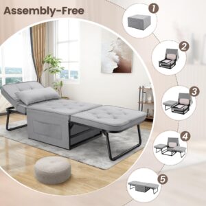 SEJOV Sofa Bed, 4 in 1 Multi-Function Sleeper Sofa, Convertible Sleeper Chair, Assembly-Free Chair Bed with Adjustable Backrest, Breathable Linen Sofa Chair for Living Room Apartment, Grey