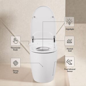 Heated Seat Smart Toilet, One Piece Toilet, Automatic Flush Tank Less Toilet for Bathroom without Bidet, Foot sensor Flush, White Night Light, Knob Control, Power Outage Flushing (Model 1)