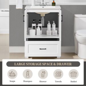 Yaheetech 24.5" Modern Bathroom Vanity with Ceramic Basin, Undermount Bathroom Vanity Sink Cabinet with 2 Doors and 1 Drawer, Free Standing Bathroom Storage Cabinet with Sink Combo Set, White