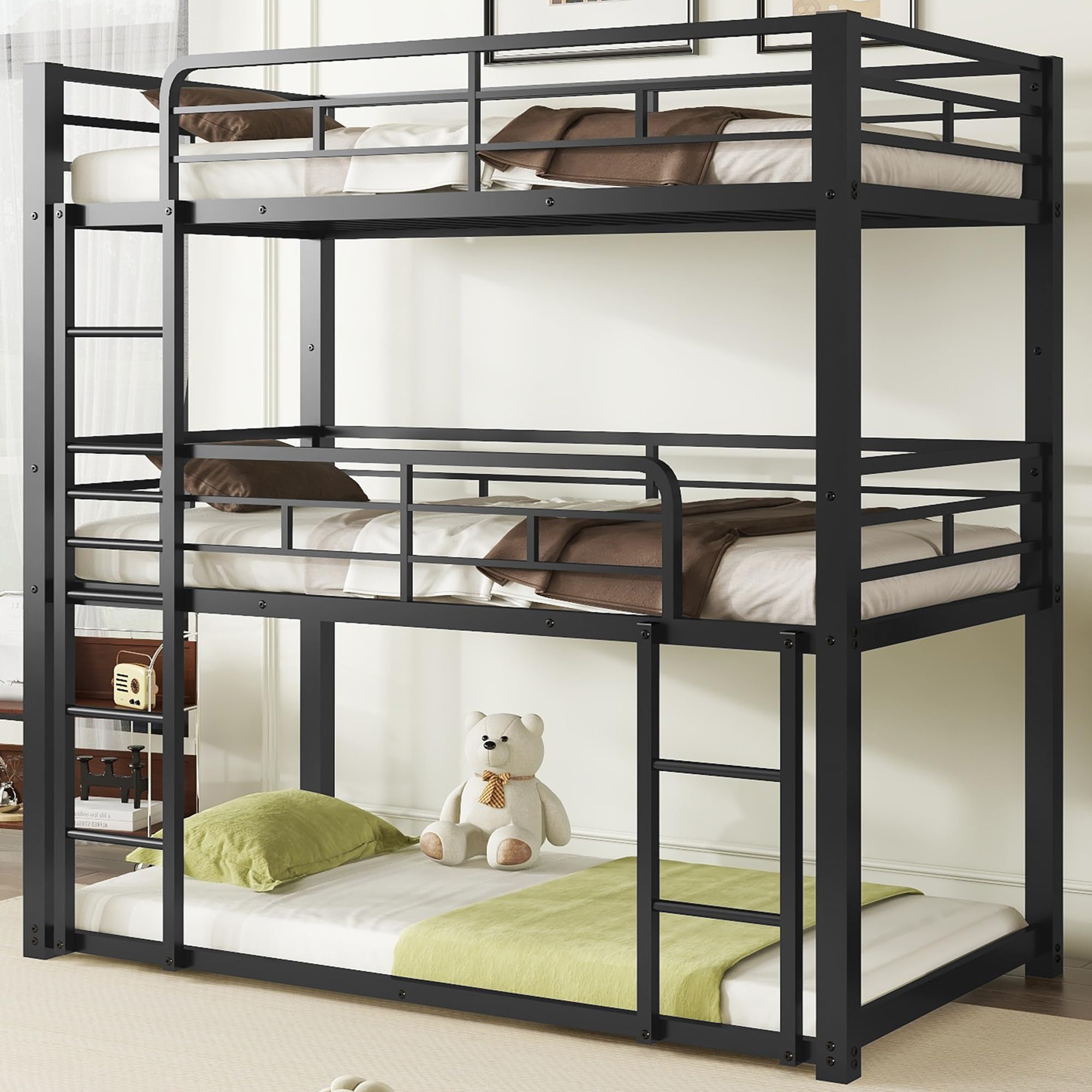 Heavy Duty Triple Bunk Bed Twin Over Twin Over Twin, Metal 3 Bunk Bed with 2 Ladder and Guardrail, Twin Size Triple Bunk Bed for Kids, Teens, Black