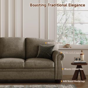 ONBRILL 90 Inch Nailhead Trim Couches for Living Room, 23" Deep Seat Rolled Arm Sofa, Comfy Upholstered 3 Seater Sofa, Chenille Couch w/Wooden Leg, Large Traditional Sofa for Bedroom, Farmhouse, Brown