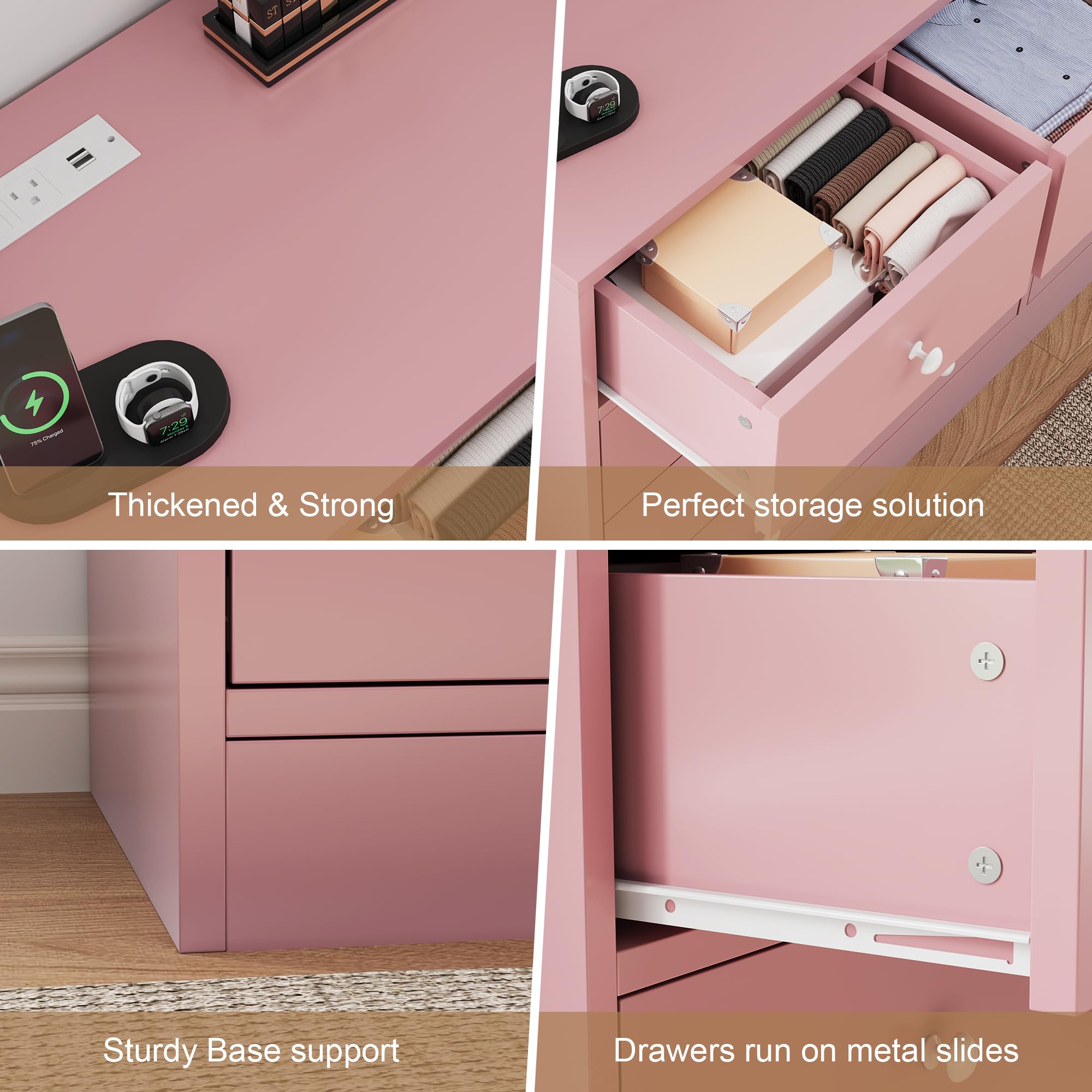 GarveeHome 12 Drawer Dresser for Bedroom, 61 Inch Wood Dresser with Power Outlet, Wide Dresser Chest of Drawers for Living Room, Hallway, Tall Dressers with Smooth Metal Rail, Large Storage, Pink