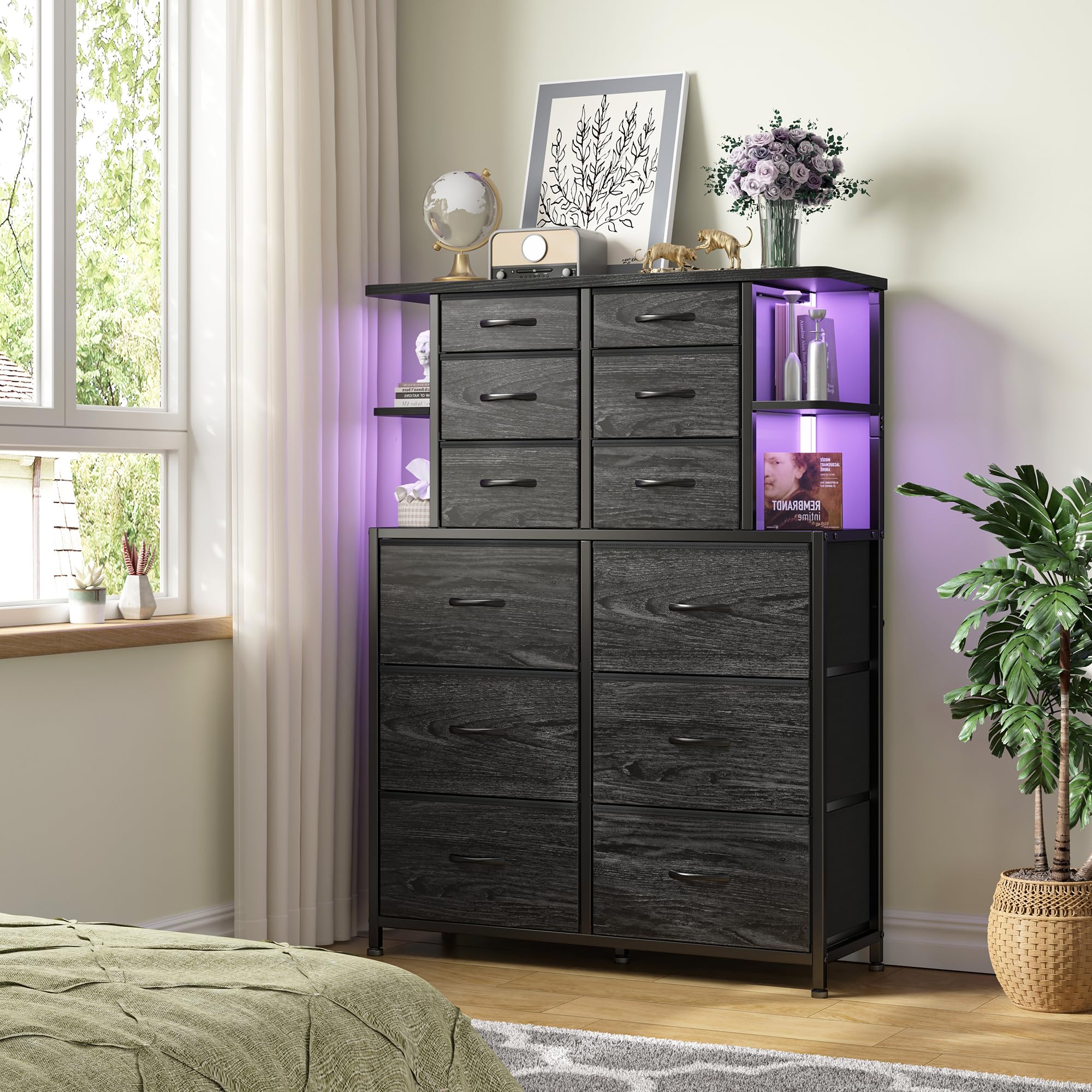 EnHomee Dresser for Bedroom with LED Lights, 12 Drawers Dresser, Black Dresser and Tall Dresser with Shelves, Fabric Dressers & Chests of Drawers with Metal Frame, Black, 45.2" H x 35.4" W x 11.8" D