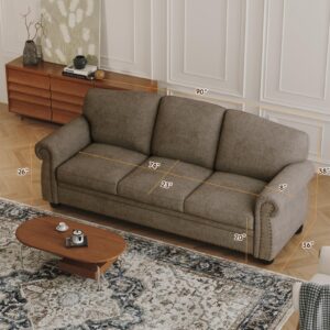 ONBRILL 90 Inch Nailhead Trim Couches for Living Room, 23" Deep Seat Rolled Arm Sofa, Comfy Upholstered 3 Seater Sofa, Chenille Couch w/Wooden Leg, Large Traditional Sofa for Bedroom, Farmhouse, Brown