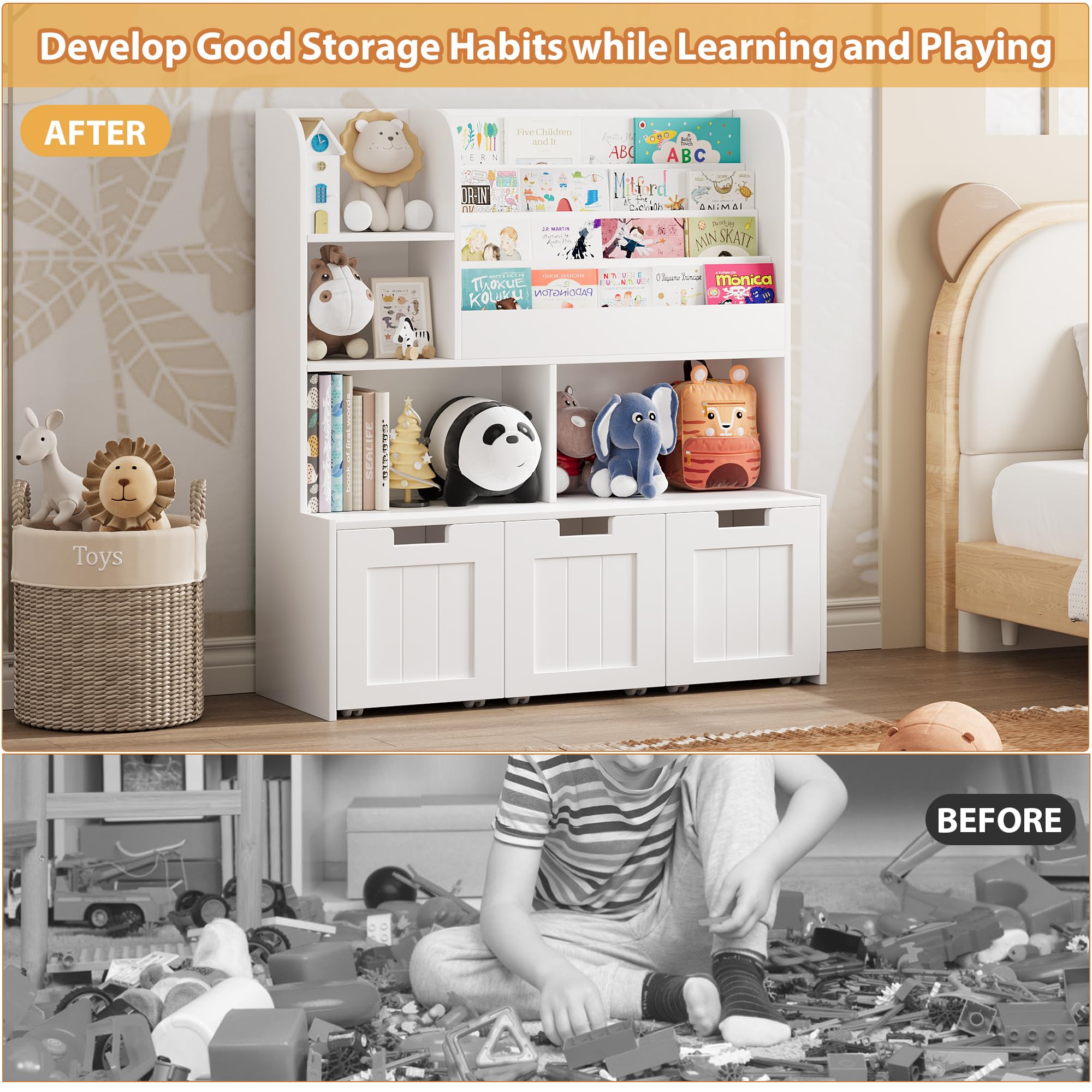 GarveeHome Large Toy Storage Organizer with 3 Movable Drawers,Kid's Bookshelf with 4 Storage Cubbies and 4 Layer Sling Bookcase,Toy Chest for Kids Room,Playroom,Classroom,Nursery, White