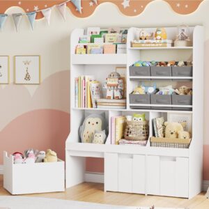 BOTLOG 50.2" Toy Organizers and Storage with Rolling Drawers, Kids Bookshelf and Toy Storage with 6 Fabric Drawers, Floor Storage Cabinet Toy Chest for Kids Room, Playroom, White, Modern