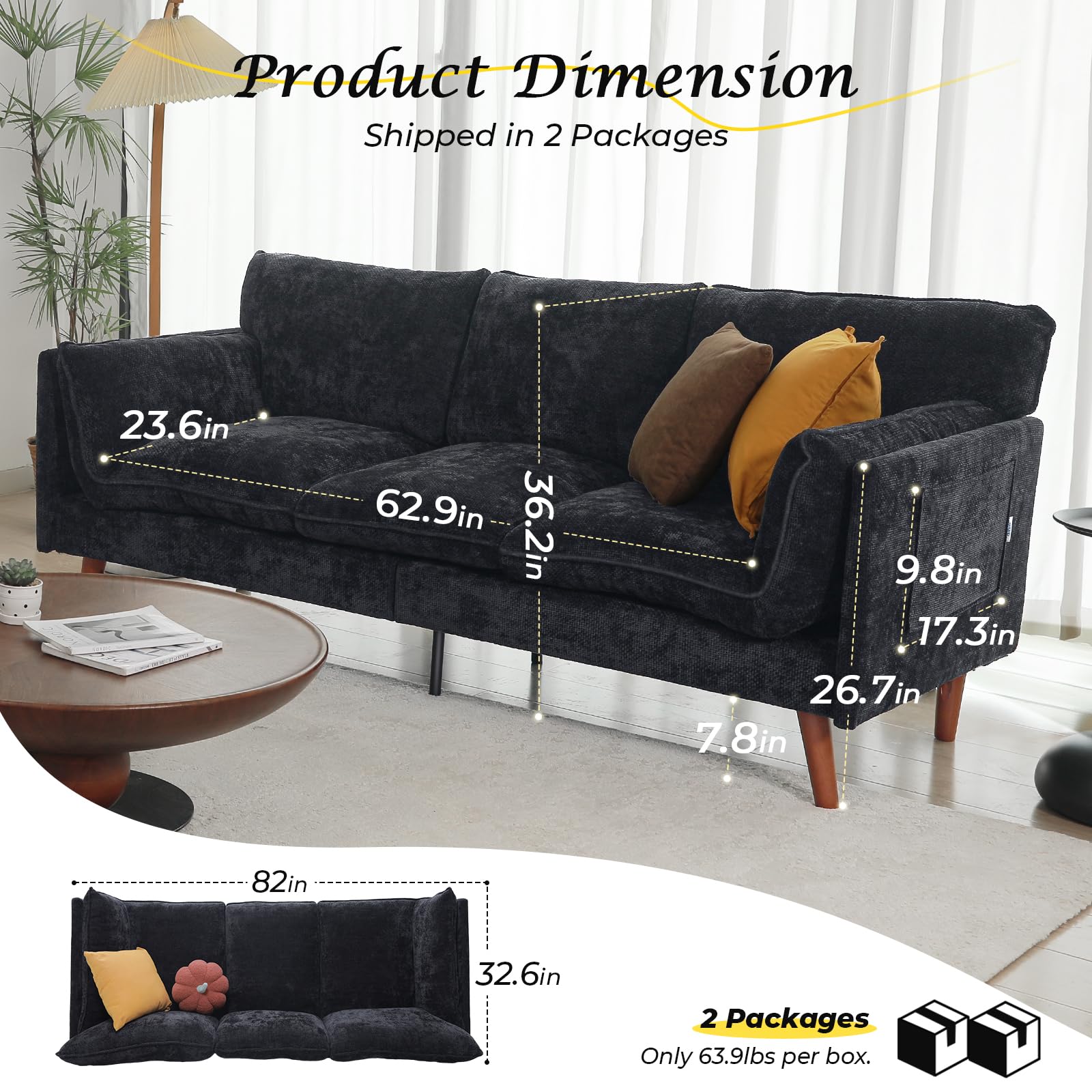 OHOHOLIVE 82" Chenille Couch Mid-Century Modern Design with Solid Wood Legs,Soft Cushions 3 Seat Sectional Sofa Couch - Ideal for Bedroom, Living Room, Small Apartment, Studio, Office, Deep Black