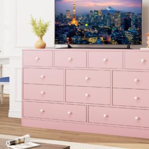 GarveeHome 12 Drawer Dresser for Bedroom, 61 Inch Wood Dresser with Power Outlet, Wide Dresser Chest of Drawers for Living Room, Hallway, Tall Dressers with Smooth Metal Rail, Large Storage, Pink