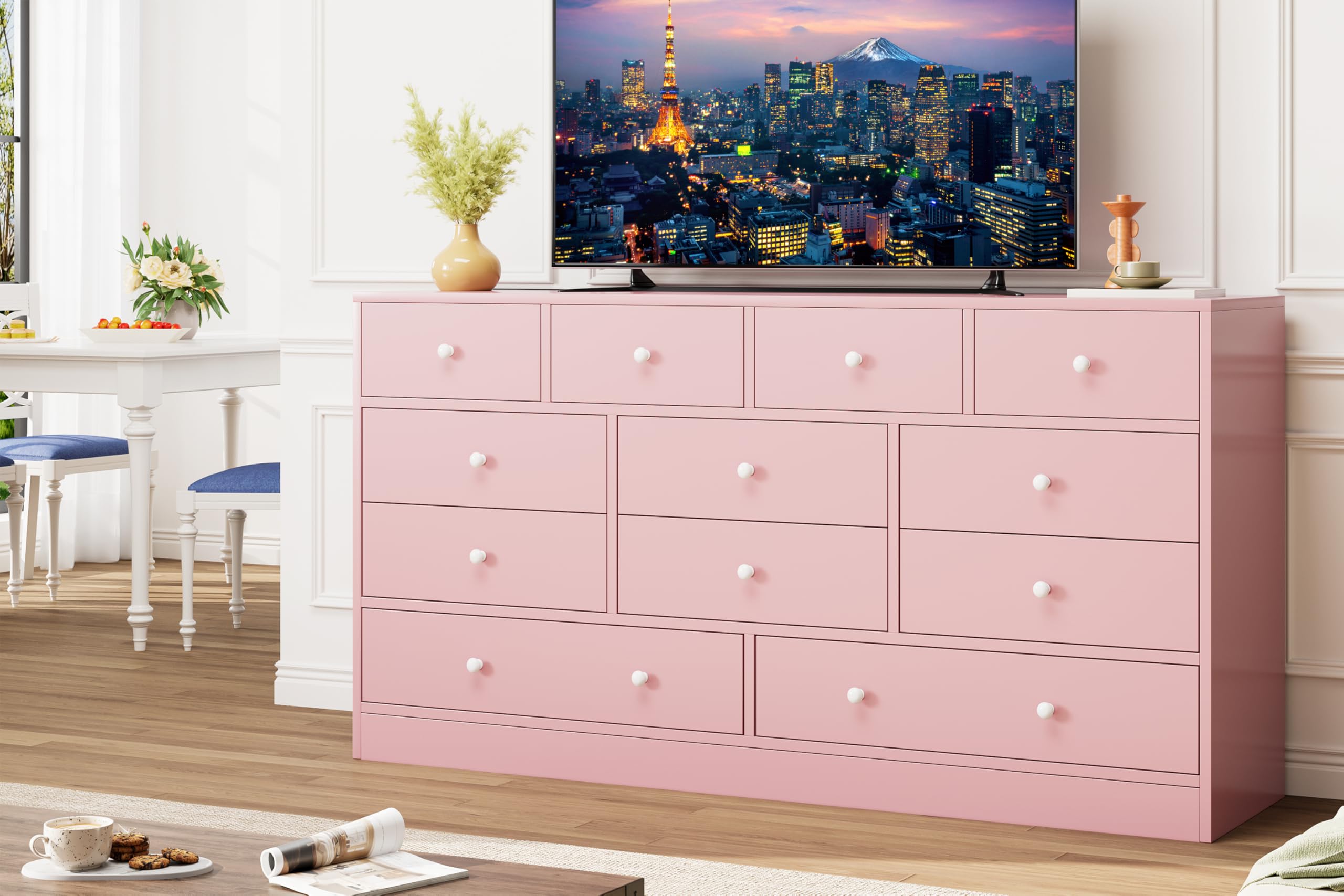 GarveeHome 12 Drawer Dresser for Bedroom, 61 Inch Wood Dresser with Power Outlet, Wide Dresser Chest of Drawers for Living Room, Hallway, Tall Dressers with Smooth Metal Rail, Large Storage, Pink