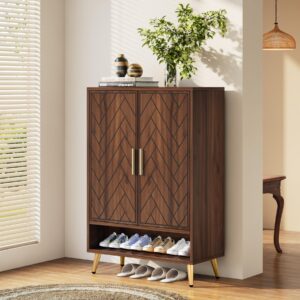 tribesigns shoe cabinet with doors, 6-tier 18 pairs shoe storage cabinet for entryway, wooden entryway shoe cabinet with adjustable shelves for living room, bedroom (walnut, gold legs)