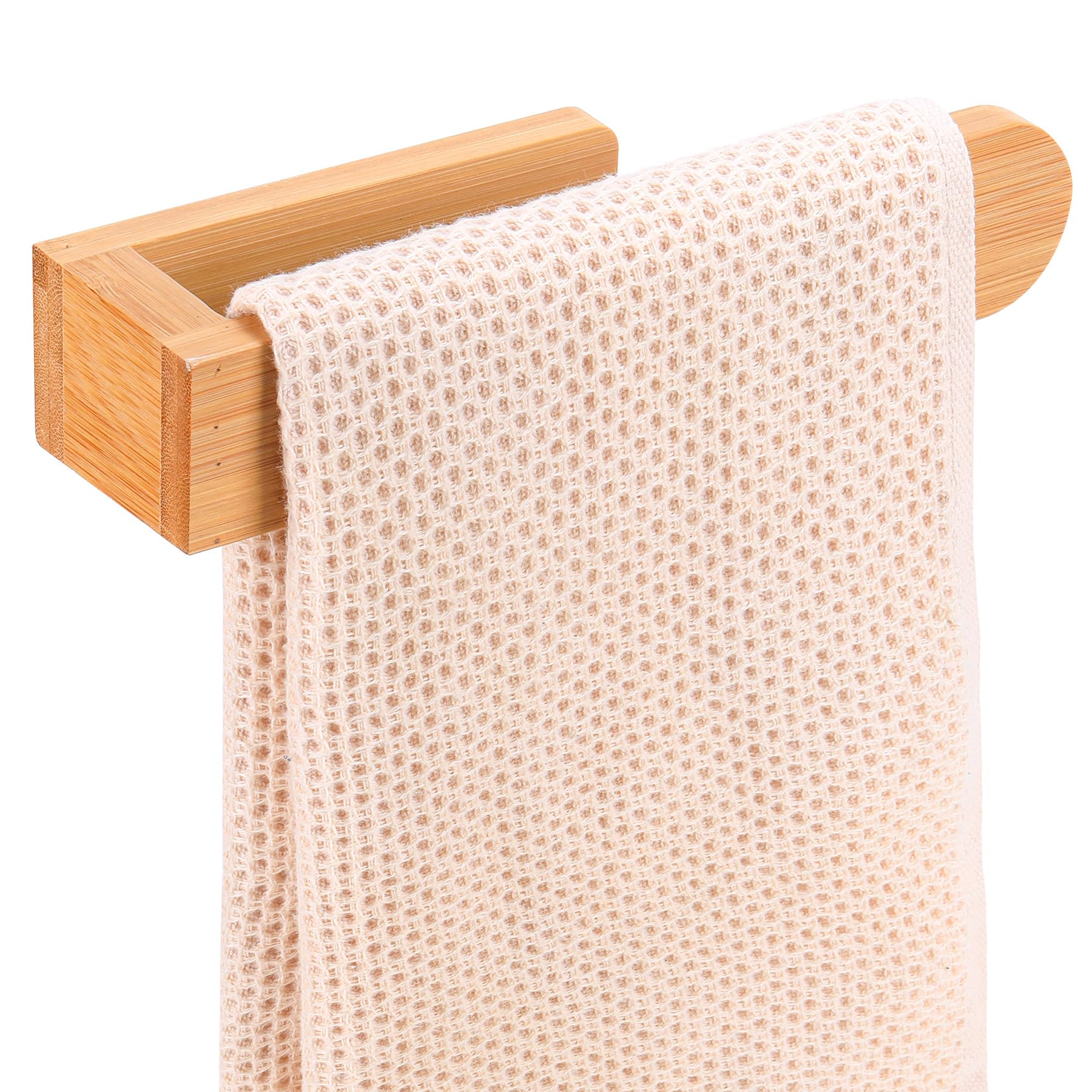 Maveite Bamboo Wall Towel Holder - Self Adhesive Bamboo Guest Towel Rack Shelf, Decorative Natural Wooden Bath Towel Rail for Bathroom, 8 Inch Wall Mounted Towel Bar for Kitchen