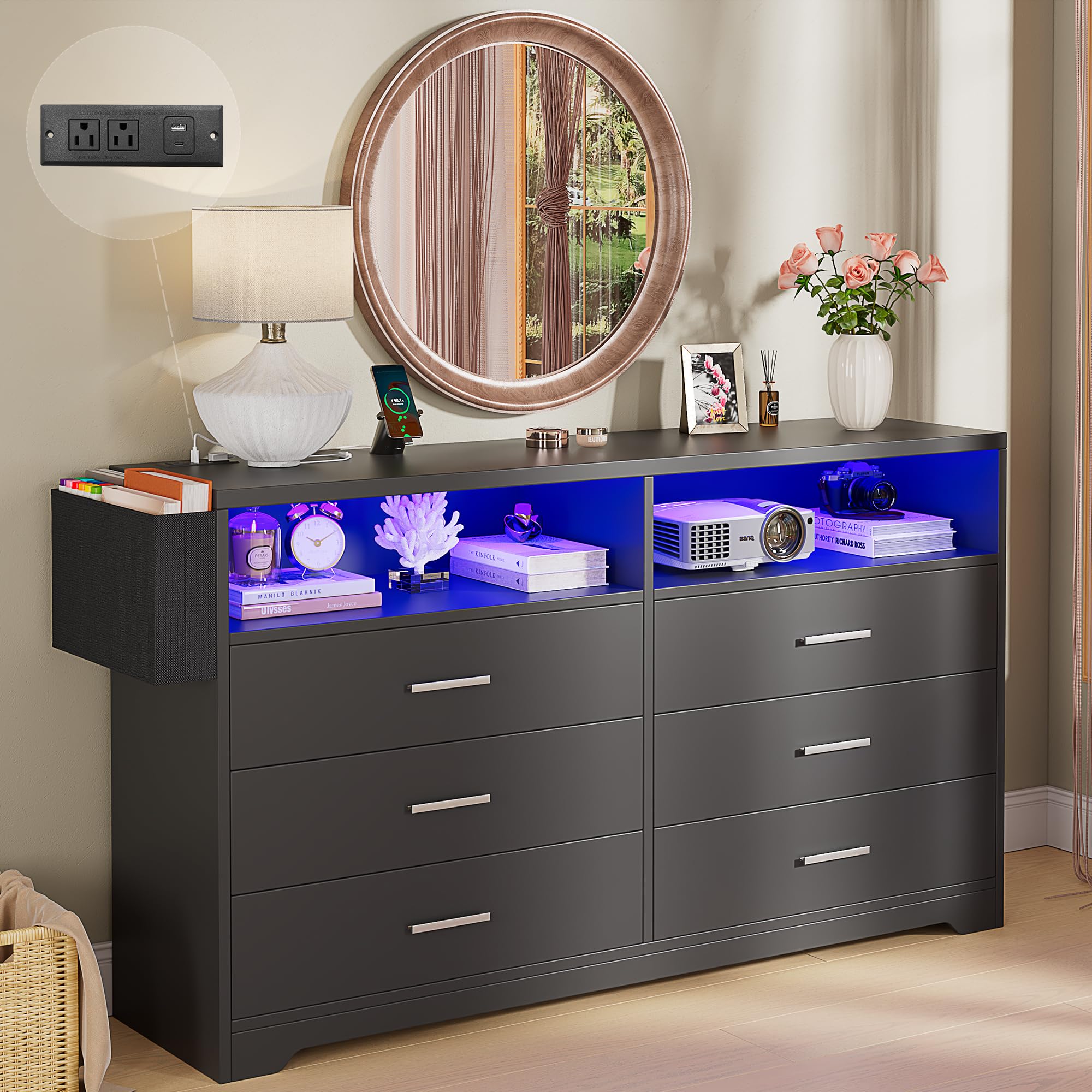 Whalefall Bedroom Dresser with LED Lights, Black 6 Drawers Dresser for Bedroom with Charging Station 55in Large Chest of Drawers, Wood Dresser TV Stand for Living Room Closet Entryway (Black)