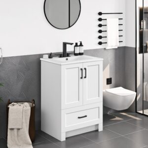 yaheetech 24.5" modern bathroom vanity with ceramic basin, undermount bathroom vanity sink cabinet with 2 doors and 1 drawer, free standing bathroom storage cabinet with sink combo set, white