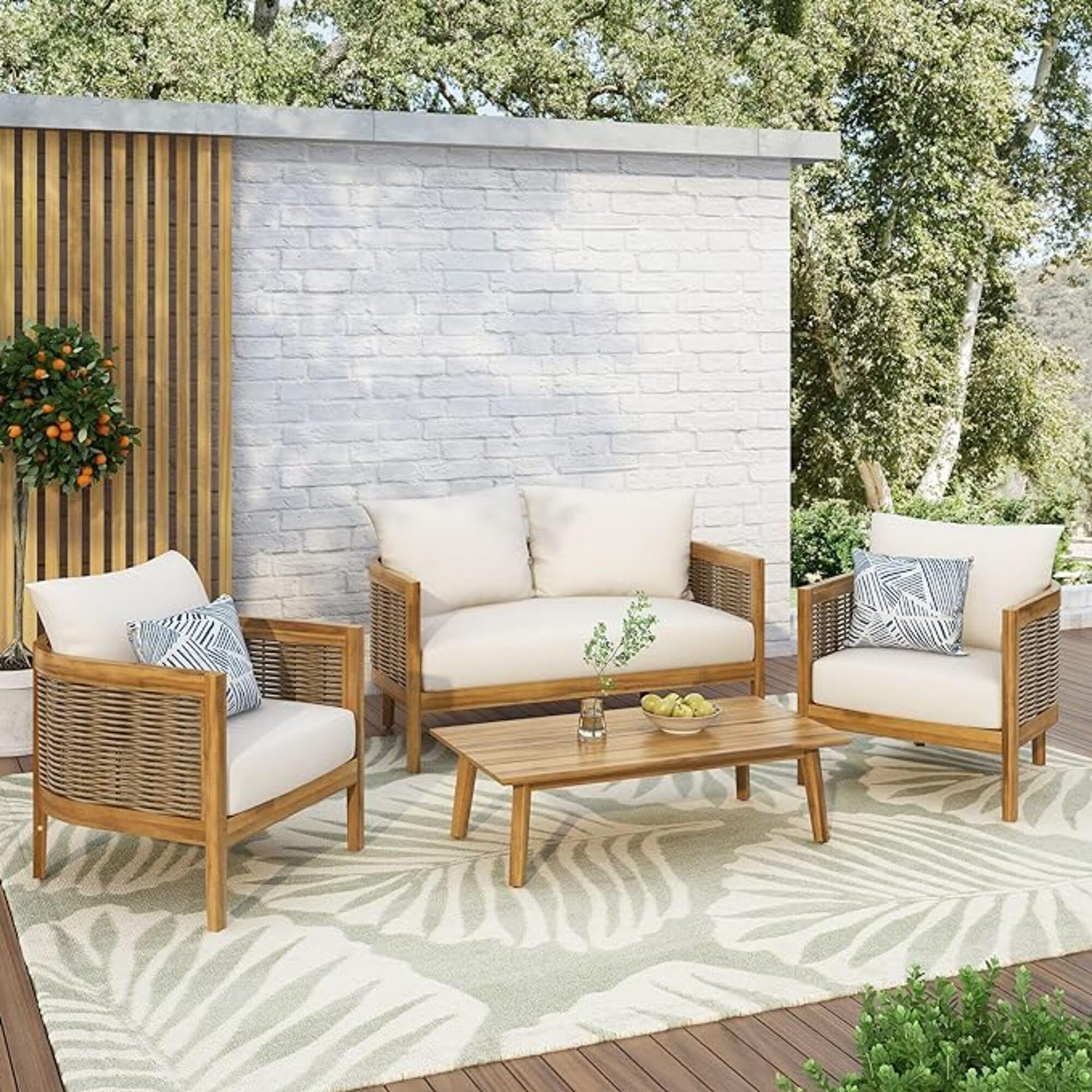 Merax Patio Furniture 5-Piece Outdoor Acacia Wood Wicker Conversation Set with 3 Seater Sofa,Loveseat,2 Chairs and Coffetable for Backyard, Beige