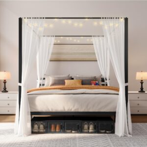 YITAHOME Canopy Bed Frame Queen, Four Poster Bed with Charge Station & Star-Shaped LED Light, 14 Inch Platform with Built-in Headboard Strong Metal Slat Mattress Support, No Box Spring Needed, Black