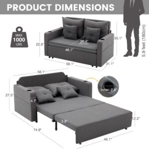 Krcix 3 in 1 Pull Out Couch, 56 Inch Convertible Sleeper Sofa Bed, Loveseat Sofa with Cup Holders, Storage Pockets, USB, Sofa Couches for Living Room, Bedroom, Apartment, Deep Grey