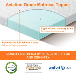 3 Inch Gel Memory Foam Cooling Mattress Topper Queen Size, Mattress Pad Cover for Pressure Relief, Bed Topper with Removable Cover，Soft & Breathable