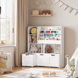 GarveeHome Large Toy Storage Organizer with 3 Movable Drawers,Kid's Bookshelf with 4 Storage Cubbies and 4 Layer Sling Bookcase,Toy Chest for Kids Room,Playroom,Classroom,Nursery, White