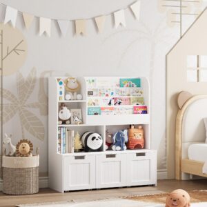 GarveeHome Large Toy Storage Organizer with 3 Movable Drawers,Kid's Bookshelf with 4 Storage Cubbies and 4 Layer Sling Bookcase,Toy Chest for Kids Room,Playroom,Classroom,Nursery, White