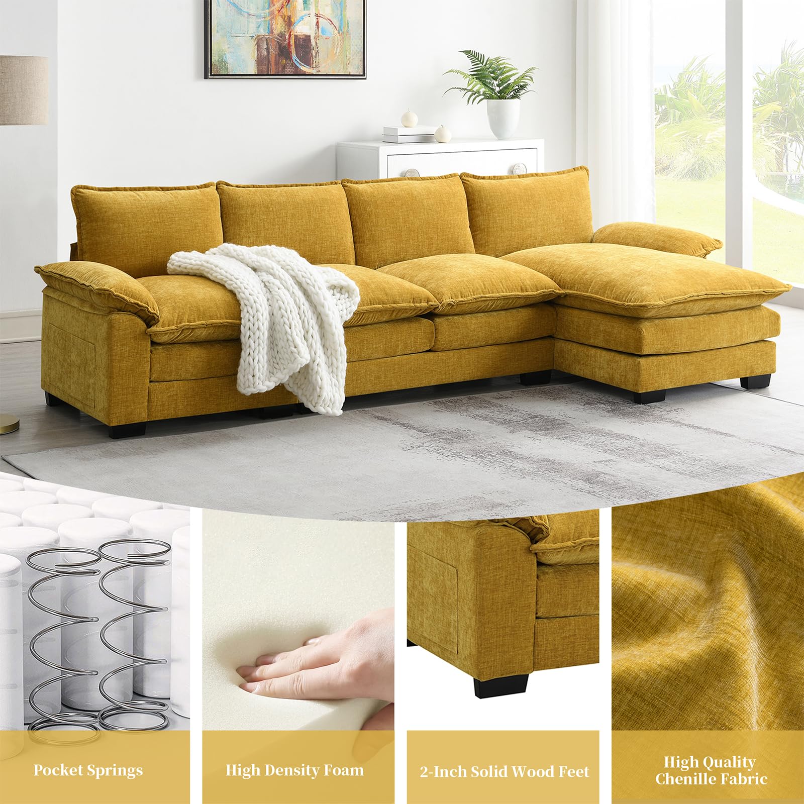 Oversized Chenille Sectional Sofa,118.5'' Extra Large L-Shaped Couch with Two Pillows, 5-Seater Comfy Cloud Couches with Chaise Lounge, Comfy Deep Seat Sofa for Living Room, Yellow