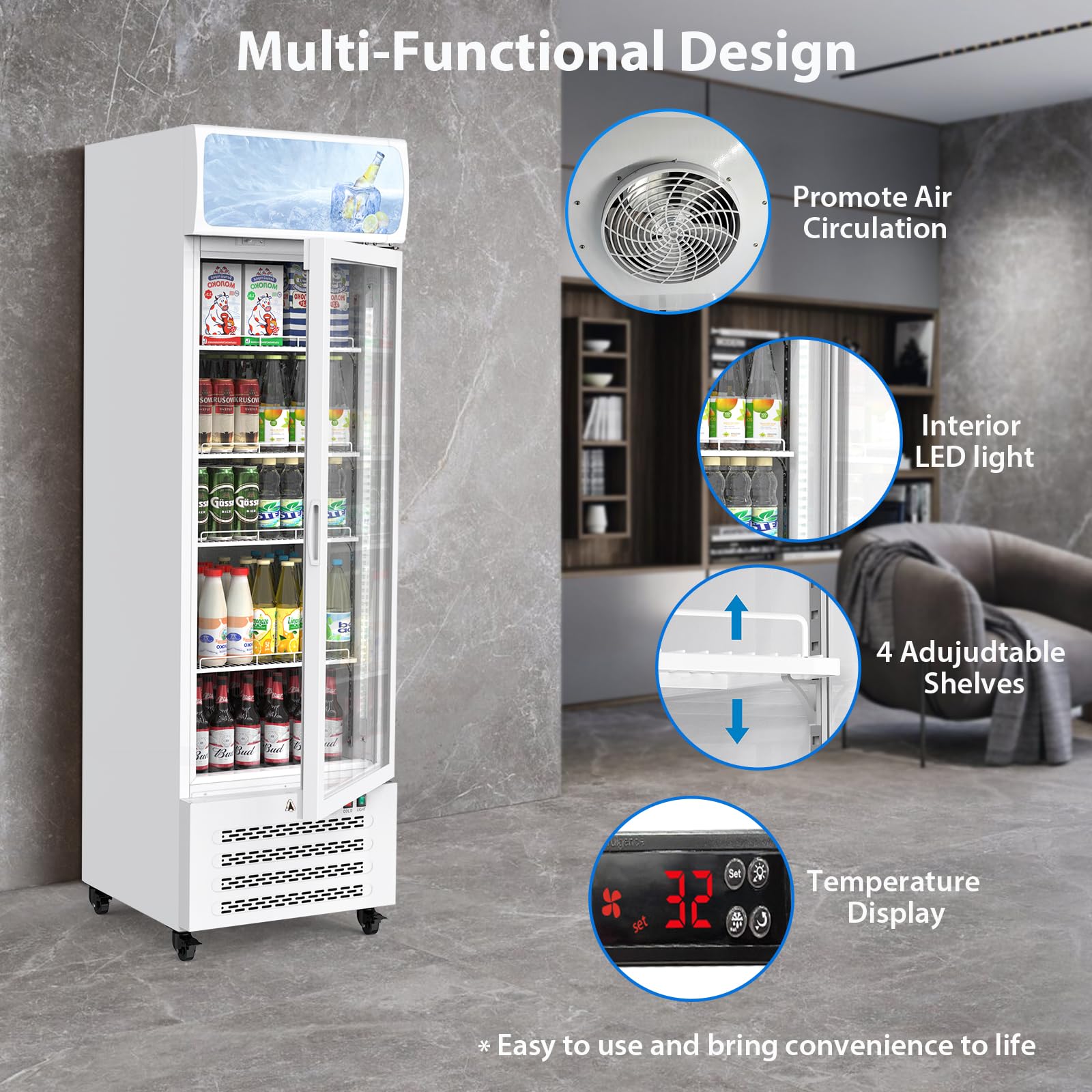 GarveeTech Commercial Merchandiser Refrigerator,11.3 Cu.Ft Glass Door Display Refrigerator,Drink Cooler Beverage Fridge with Soft LED Light, 4 Adjustable Shelves,White