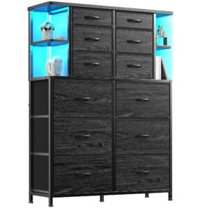 enhomee dresser for bedroom with led lights, 12 drawers dresser, black dresser and tall dresser with shelves, fabric dressers & chests of drawers with metal frame, black, 45.2" h x 35.4" w x 11.8" d