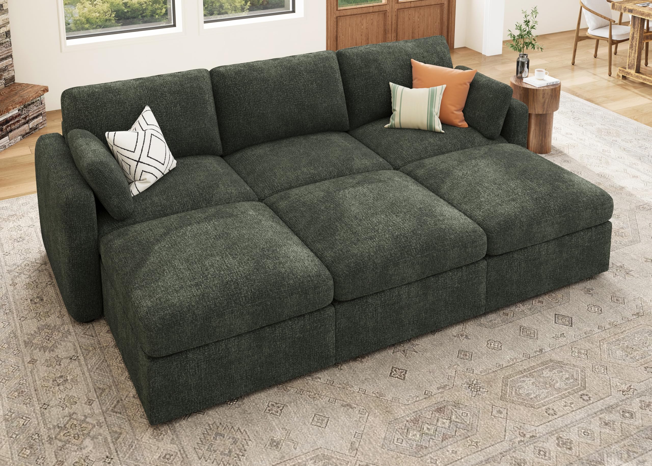 HONBAY Modular Sectional Sofa, Sectional Couch with Storage Seats, Sleeper Chenille Sectional Couches for Living Room, Green