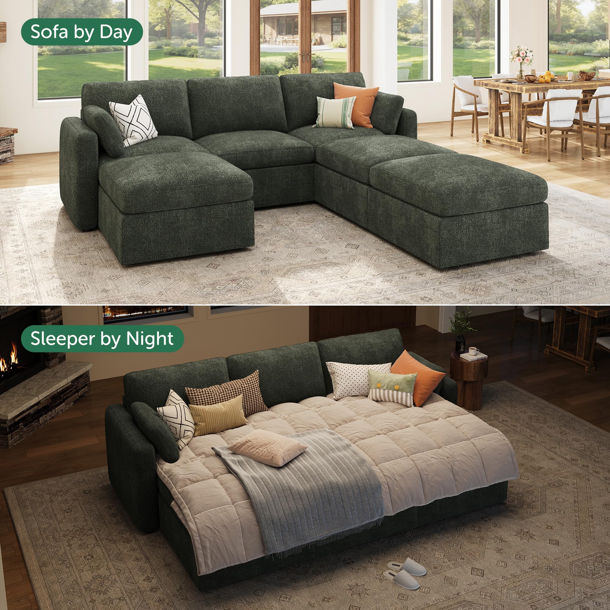 HONBAY Modular Sectional Sofa, Sectional Couch with Storage Seats, Sleeper Chenille Sectional Couches for Living Room, Green