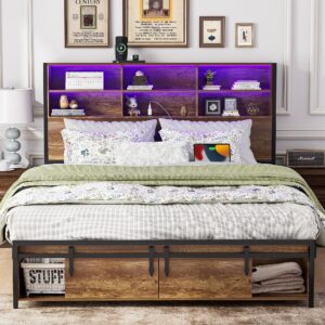 farmhouse bed frame queen size with bookcase headboard and sliding barn door storage cubbies, wood bed frame with led light and charging station, noiseless,no box spring needed, easy assembly