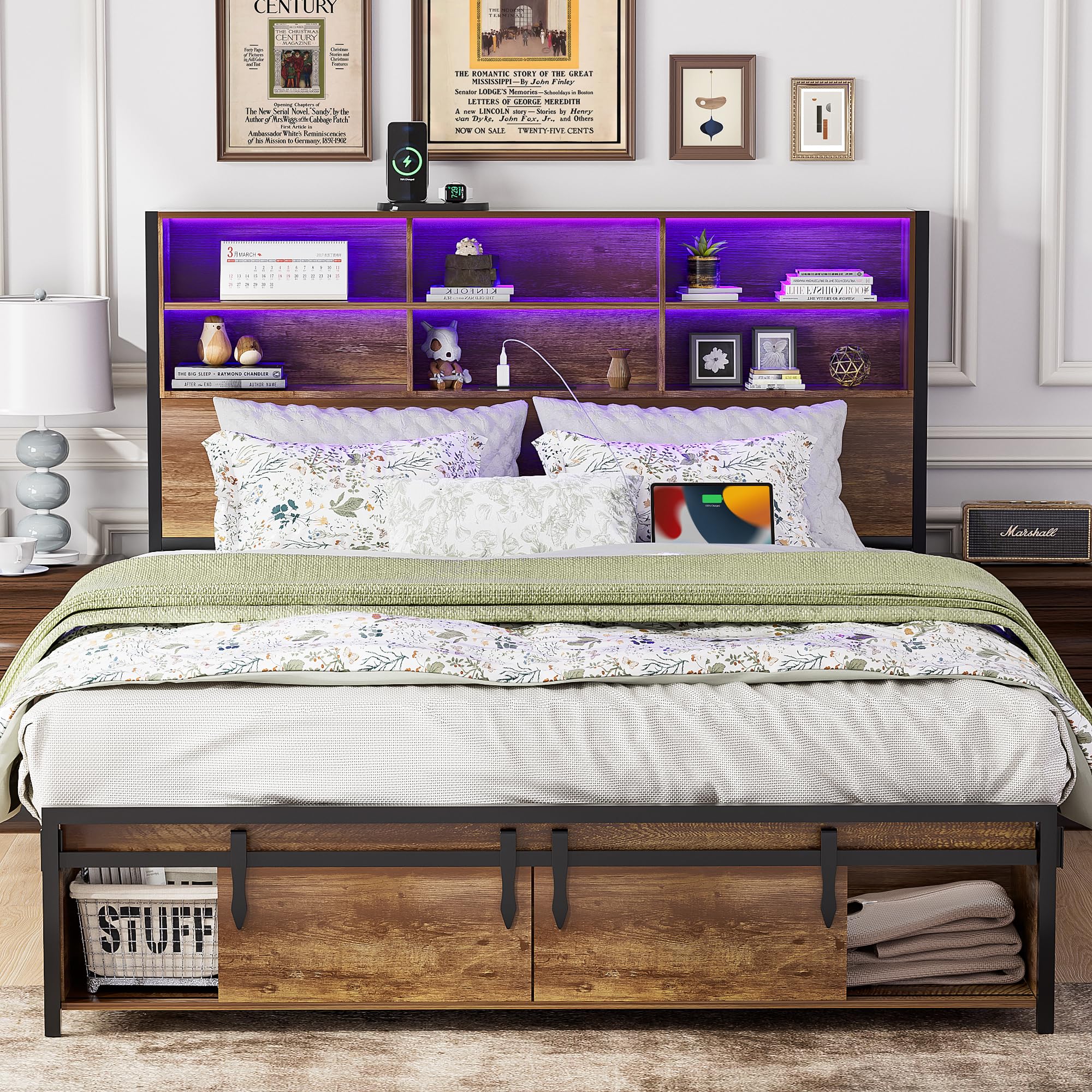 Farmhouse Bed Frame Queen Size with Bookcase Headboard and Sliding Barn Door Storage Cubbies, Wood Bed Frame with LED Light and Charging Station, Noiseless,No Box Spring Needed, Easy Assembly