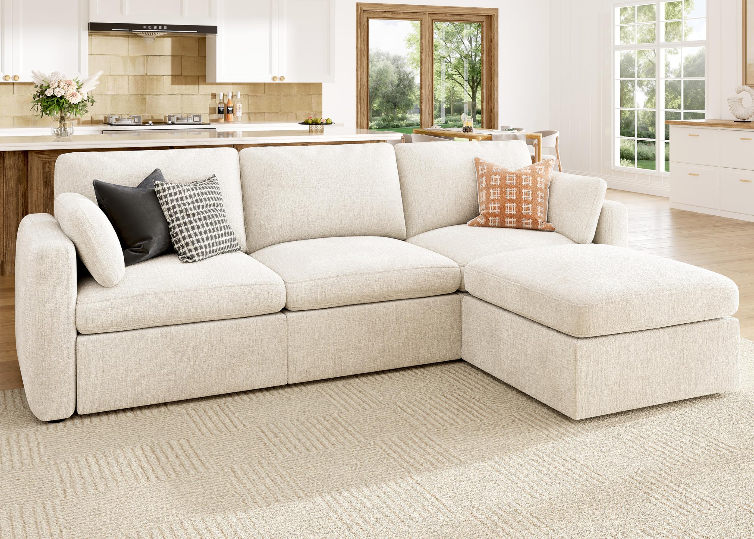 HONBAY Modular Sectional Couch with Storage Seats, L Shaped Sectional Sofa with Storage, Chenille Sectional Couches for Living Room, Beige