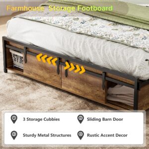 Farmhouse Bed Frame Queen Size with Bookcase Headboard and Sliding Barn Door Storage Cubbies, Wood Bed Frame with LED Light and Charging Station, Noiseless,No Box Spring Needed, Easy Assembly