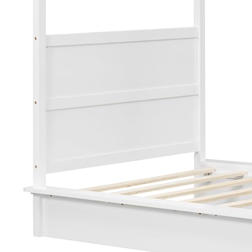 BOVZA Twin Size Canopy Bed Frame with LED Lights and Headboard, Wooden 4-Post Canopy Platform Bed with Support Slats, No Box Spring Needed, White