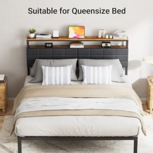 InHomFu Queen Headboard with Storage Shelf, Headboard Queensize Bed Frame with Outlets, USB Ports and LED Light, Upholstered Queen Size Headboard Height Adjustable, Stable Queen Headboard Only