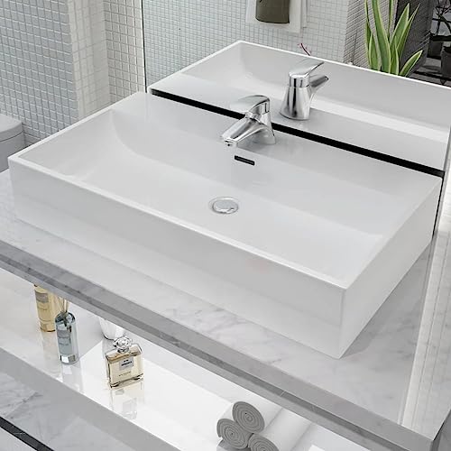 Basin with Faucet Hole Ceramic White 30"x16.7"x5.7",Modern Ceramic Basin: Artistic and Elegant for Bathroom and Powder Room Bath Fixtures，Bathroom Sinks